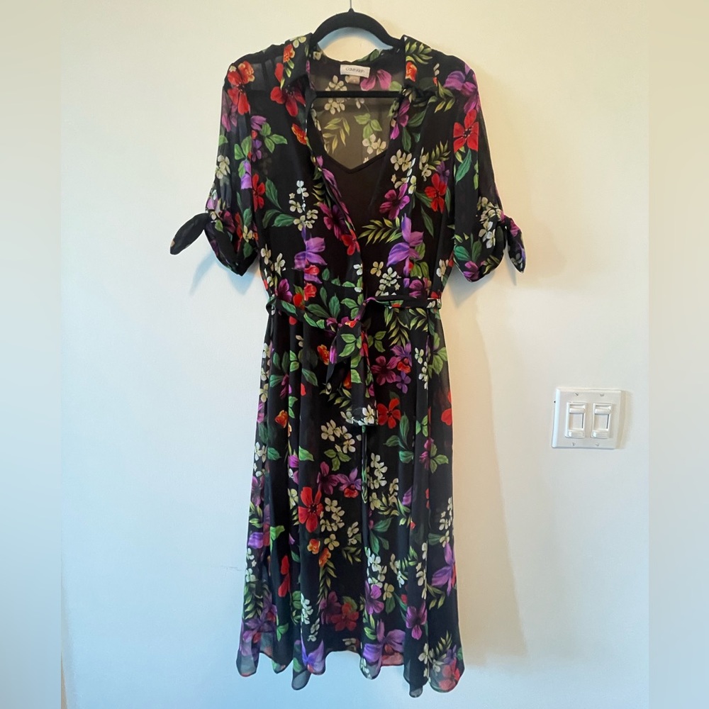 Calvin Klein Tropical Floral Button Down Dress, Size 10.